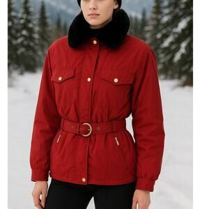 Bogner Red Ski Coat Women’s M Fur Collar Belted Jacket Vintage Après Ski 80s 90s
